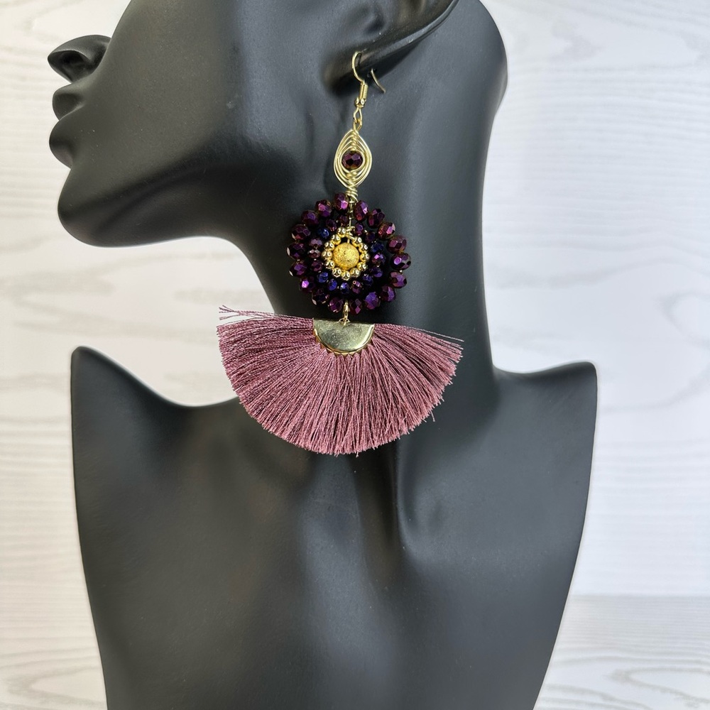 New handmade Elegant Purple and Gold Tassel Earrings 14k gold platted
